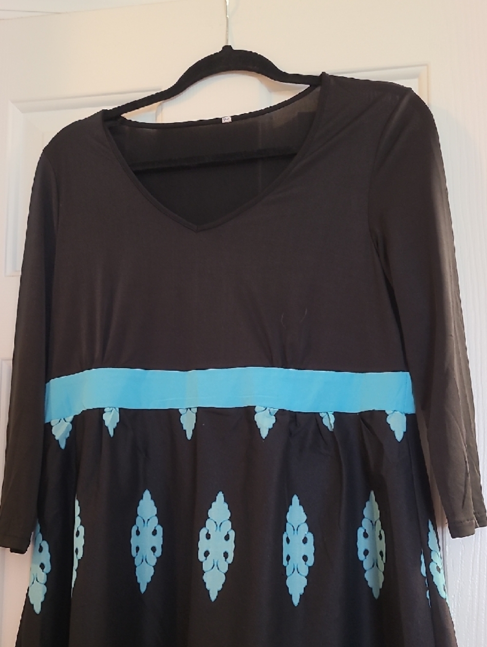 Black Dress with Teal Pattern and Waistband - Picture 2 of 6